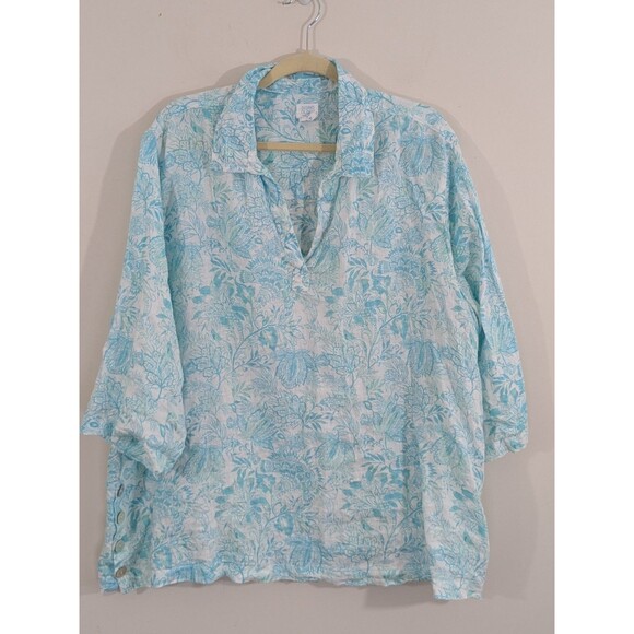 Sigrid Olsen Womens Plus 3X Floral 100% Linen Shirt Relaxed Beach Side Buttons - Picture 1 of 7